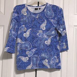 Rafaella Blue & White cotton blend Paisley knit top shirt size LARGE